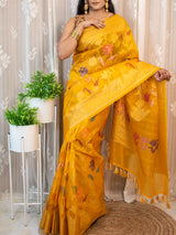 Banarasi Organza Saree With Zari & Resham Floral Weaving-DeepYellow