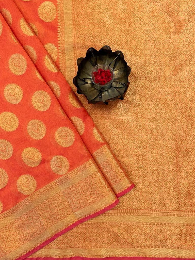 Banarasi Semi Silk Saree With Antique Zari Buta Weaving-Orange