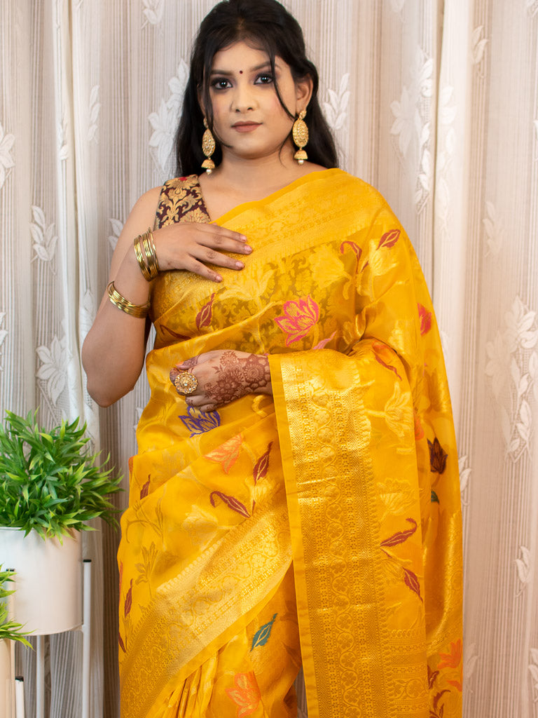 Banarasi Organza Saree With Zari & Resham Floral Weaving-DeepYellow