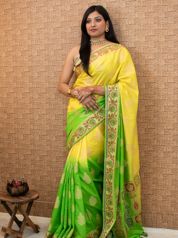 Banarasi Semi Silk Saree With Meena & Jaal Weaving Border-Green & Yellow