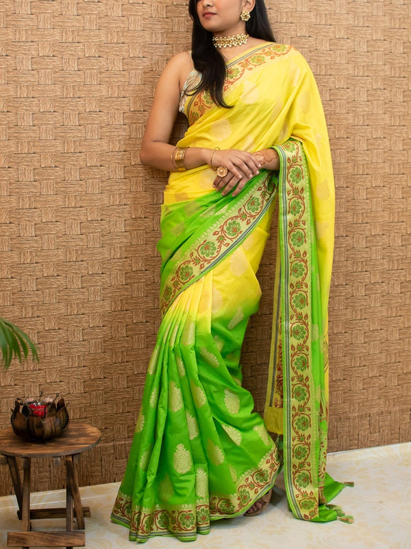 Banarasi Semi Silk Saree With Meena & Jaal Weaving Border-Green & Yellow