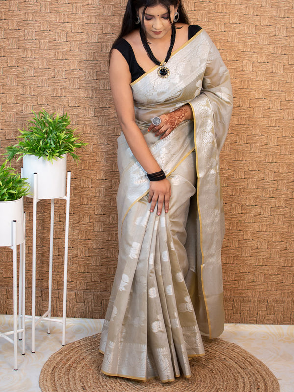 Banarasi Soft Cotton Saree Silver Zari Weaving-Grey
