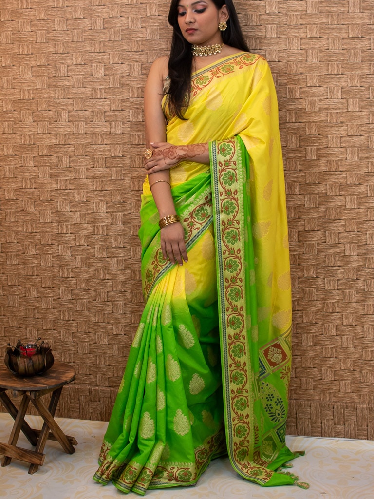 Banarasi Semi Silk Saree With Meena & Jaal Weaving Border-Green & Yellow