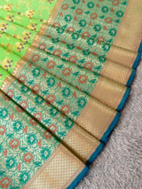 Banarasi Semi Silk Saree With Meena & Zari Jaal Weaving & Skirt Border-Green