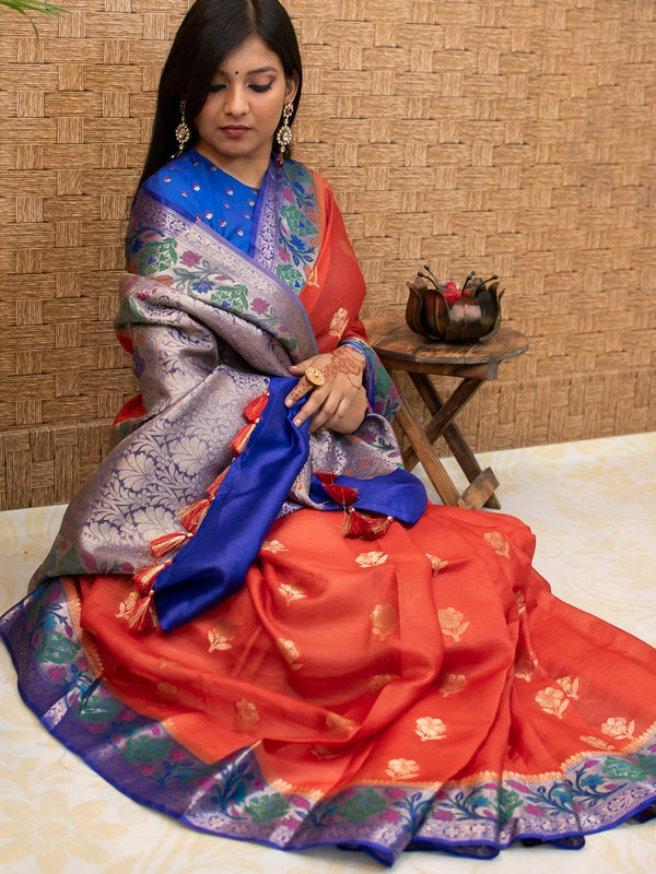 Banarasi Handwoven Pure Dupion Silk Saree With Meena & Zari Contrast Border-Red