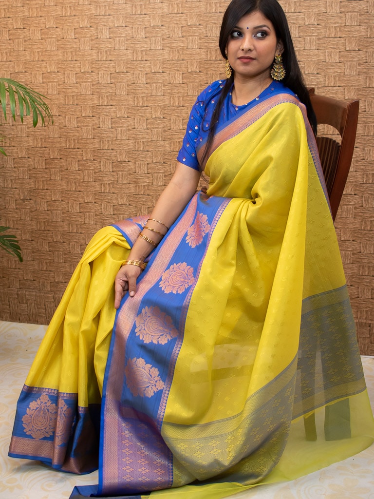 Banarasi Kora Muslin Saree With Tanchoi Weaving Contrast Floral Border-Yellow