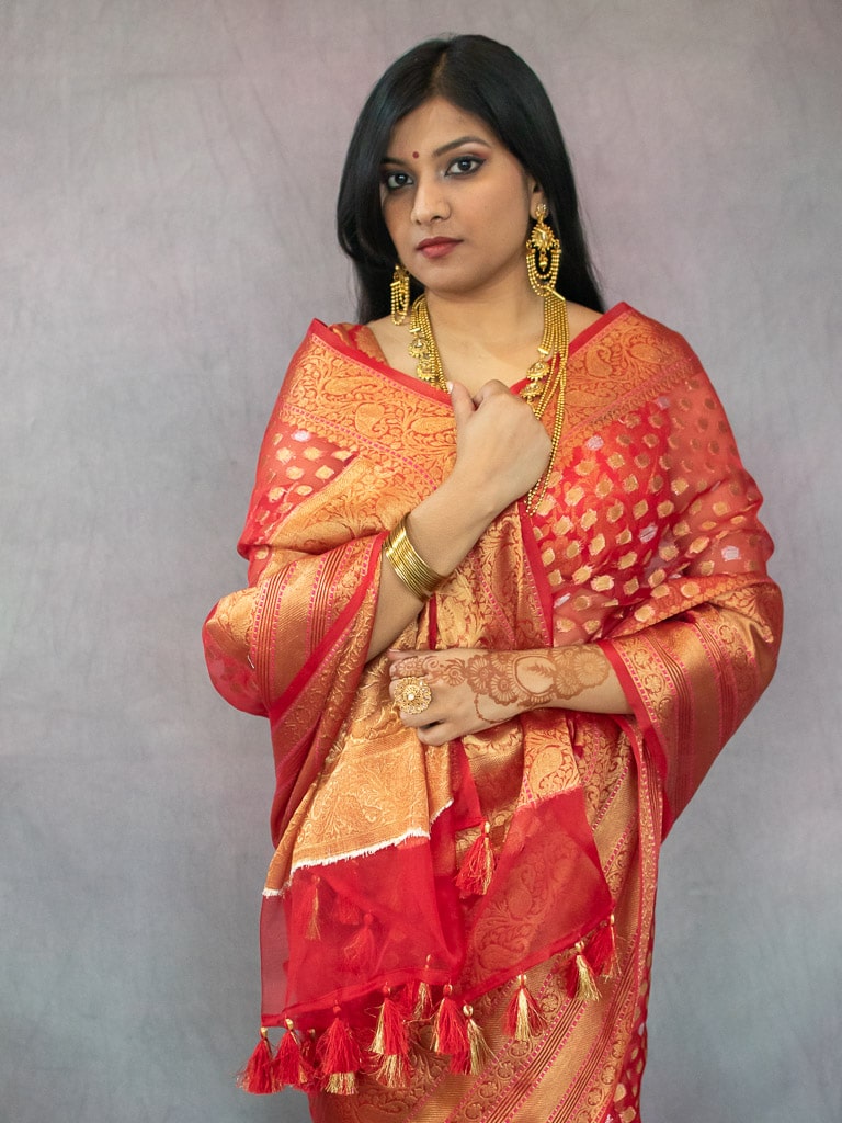 Banarasi Kora Saree With Silver Zari Buti Weaving-Red