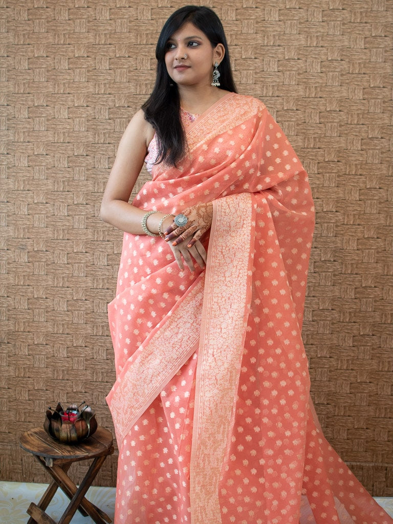 Banarasi Soft Cotton Resham Polka Dots Weaving Saree-Peach