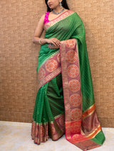Banarasi Cotton Silk Saree Check Weaving & Contrast Buta Border-Green & Pink