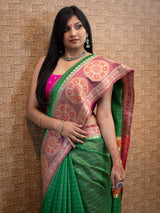 Banarasi Cotton Silk Saree Check Weaving & Contrast Buta Border-Green & Pink