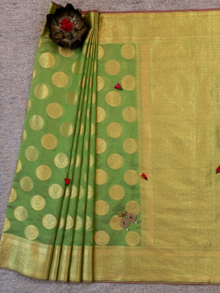 Banarasi Semi Silk Saree With Antique Zari Buta Weaving-Green