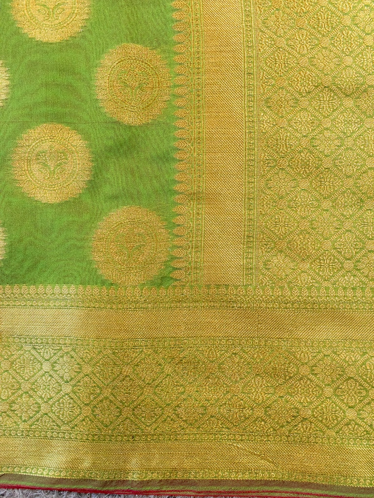 Banarasi Semi Silk Saree With Antique Zari Buta Weaving-Green