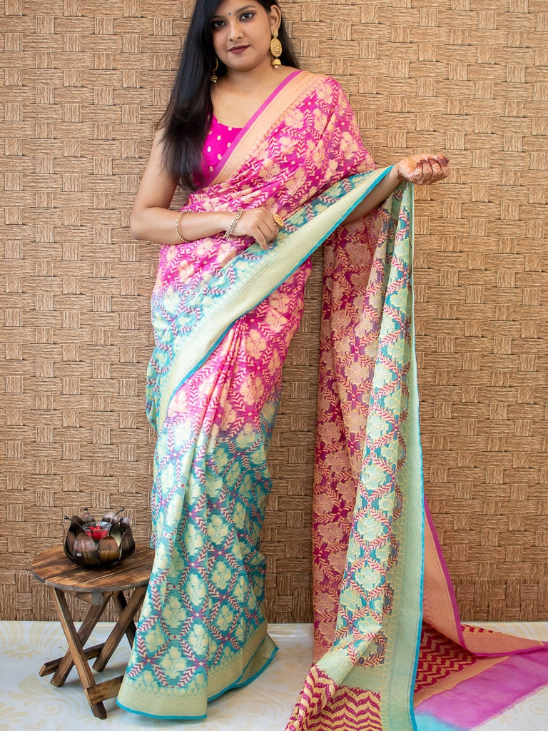 Banarasi Semi Georgette Saree With Zari Jaal Weaving-Blue & Pink