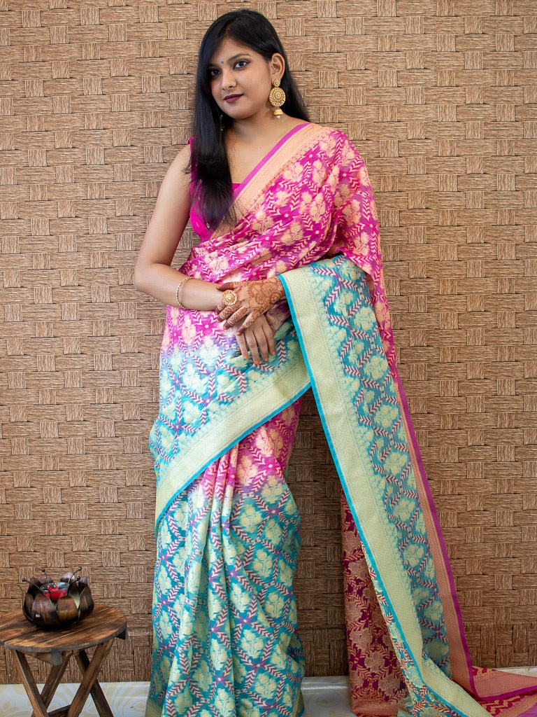Banarasi Semi Georgette Saree With Zari Jaal Weaving-Blue & Pink