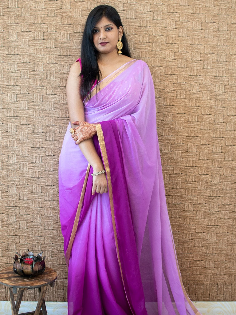 Banarasi Dual Shade Semi Chiffon Saree Gold Zari Border & Pallu-Lavender & Purple