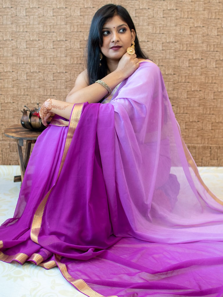 Banarasi Dual Shade Semi Chiffon Saree Gold Zari Border & Pallu-Lavender & Purple