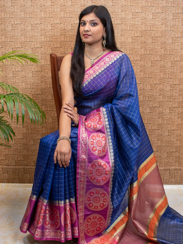 Banarasi Cotton Silk Saree Check Weaving & Contrast Buta Border-Blue & Purple