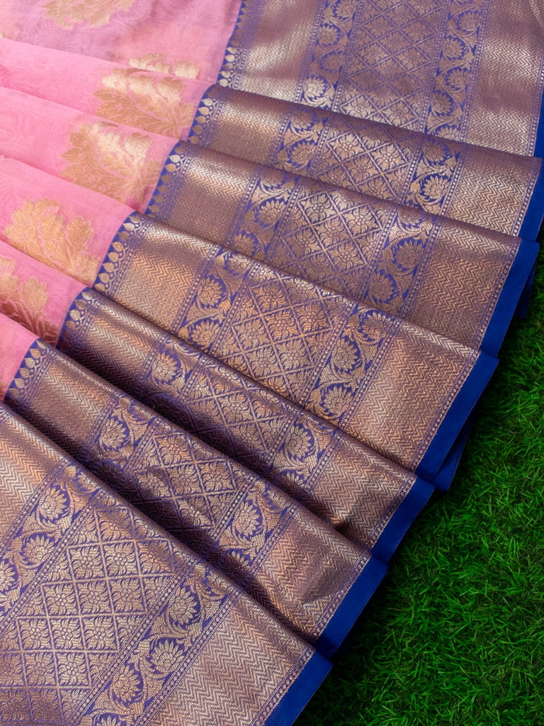 Banarasi Semi Silk Saree With Contrast Floral Buti Weaving Border-Baby Pink