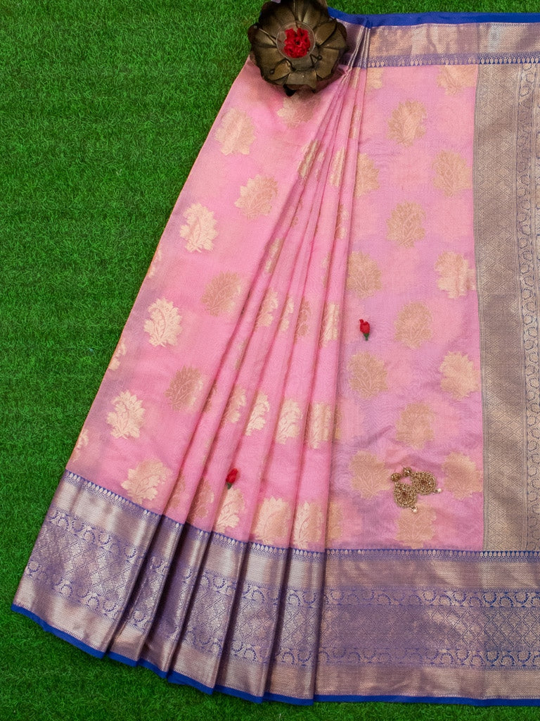 Banarasi Semi Silk Saree With Contrast Floral Buti Weaving Border-Baby Pink