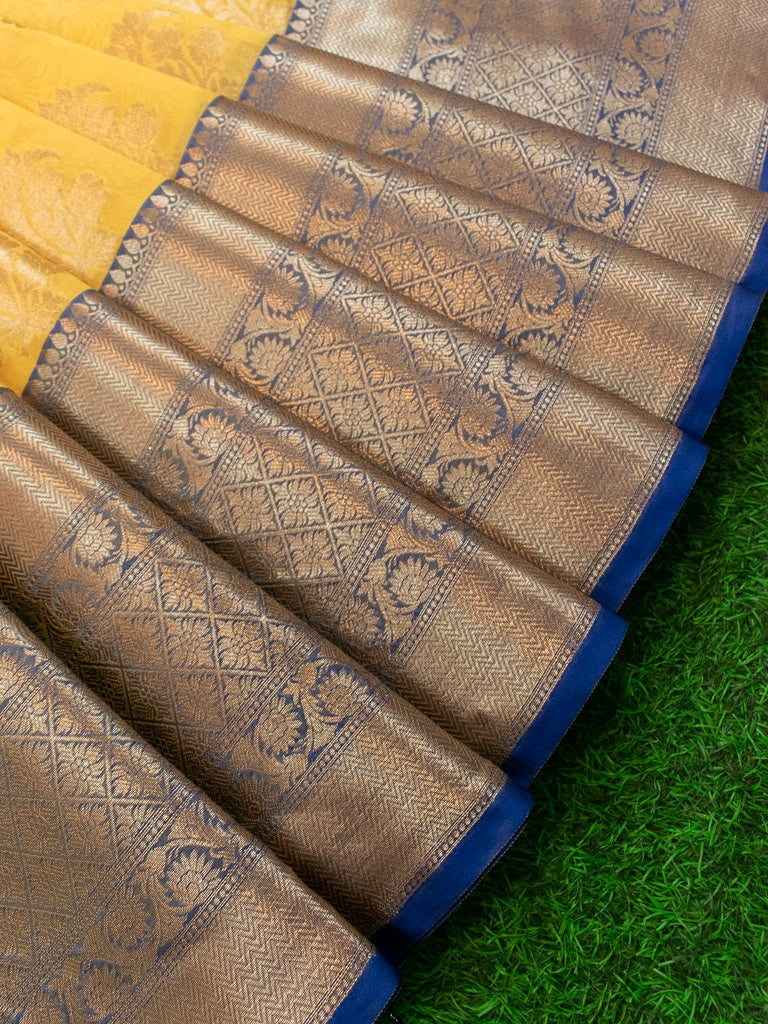 Banarasi Semi Silk Saree With Contrast Floral Buti Weaving Border-Yellow