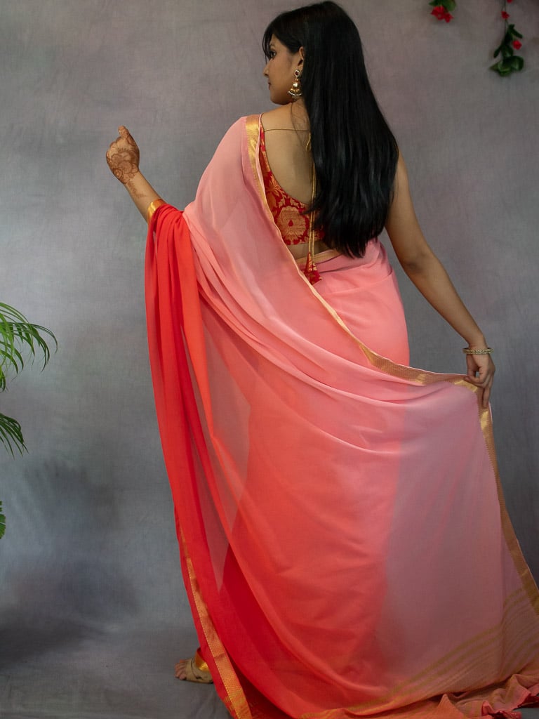 Banarasi Dual Shade Semi Chiffon Saree Gold Zari Border & Pallu-Peach & Pink