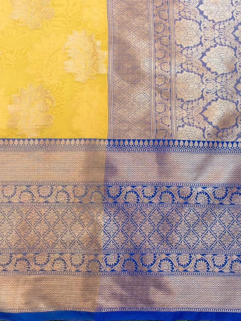 Banarasi Semi Silk Saree With Contrast Floral Buti Weaving Border-Yellow
