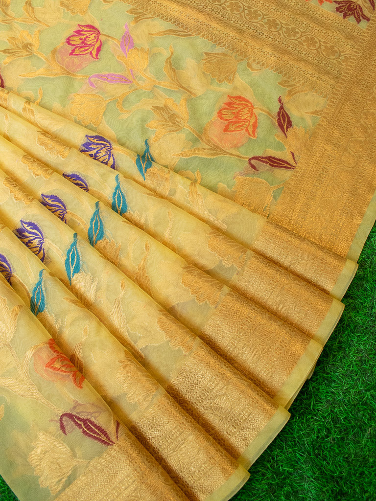 Banarasi Organza Saree With Zari & Resham Floral Weaving-Yellow