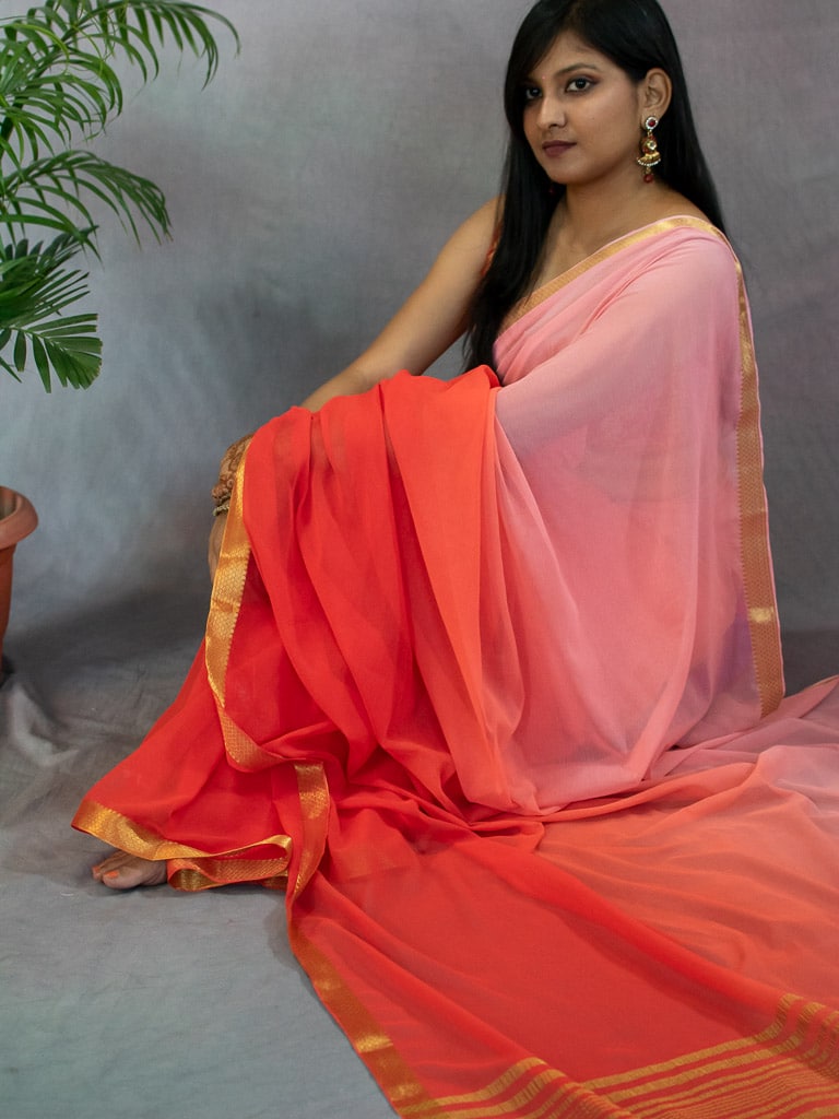 Banarasi Dual Shade Semi Chiffon Saree Gold Zari Border & Pallu-Peach & Pink