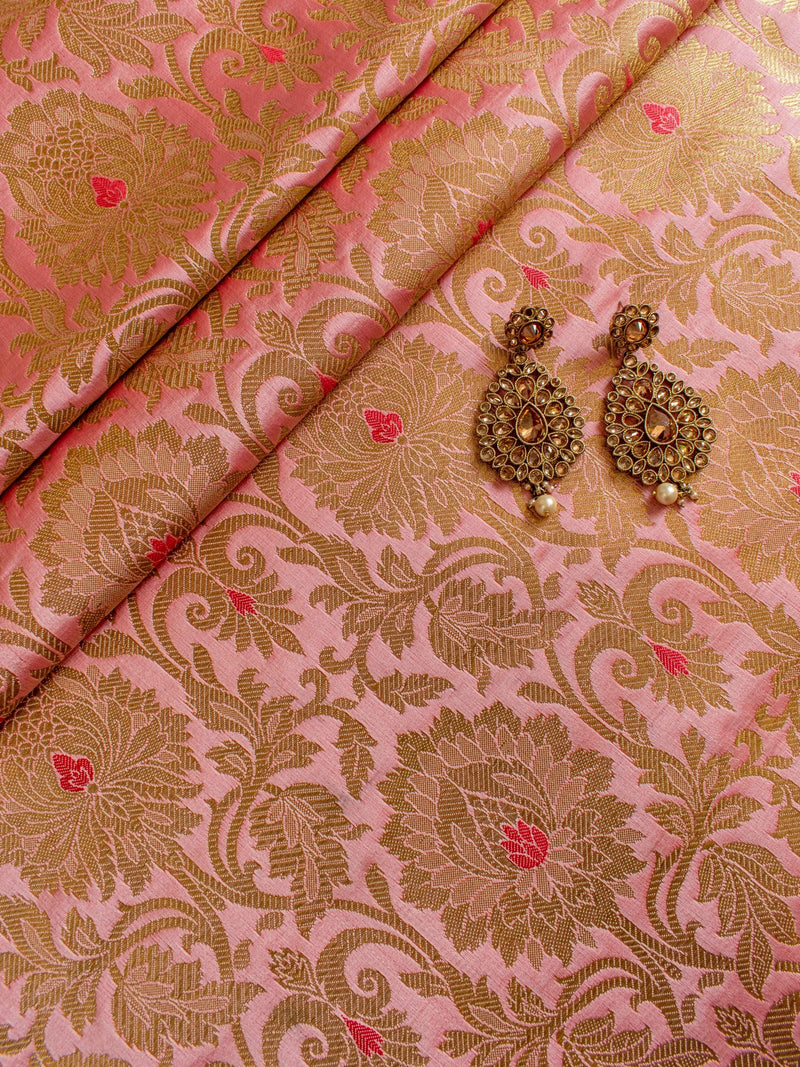Banarasi Brocade Zari & Meena Buti Weaving Fabric-Peach