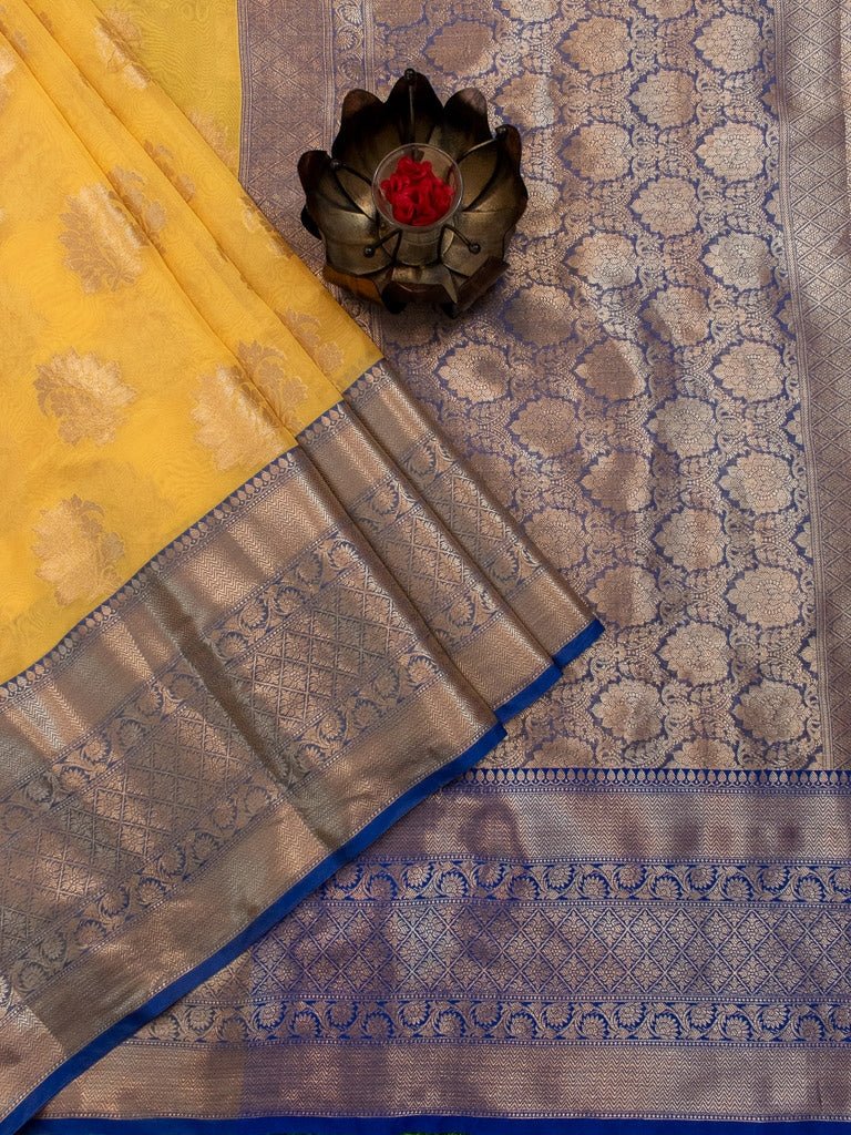 Banarasi Semi Silk Saree With Contrast Floral Buti Weaving Border-Yellow