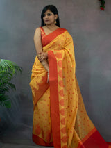 Banarasi Soft Cotton With Contrast Resham Paisley Buti Weaving Saree-Yellow