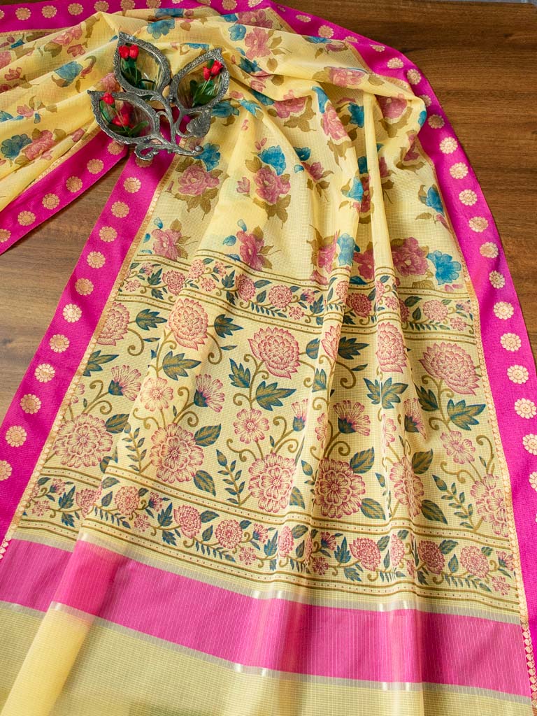 Banarasi Kota Check Floral Printed Saree With Contrast Border-Yellow