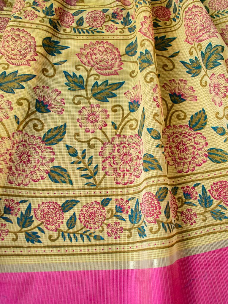 Banarasi Kota Check Floral Printed Saree With Contrast Border-Yellow