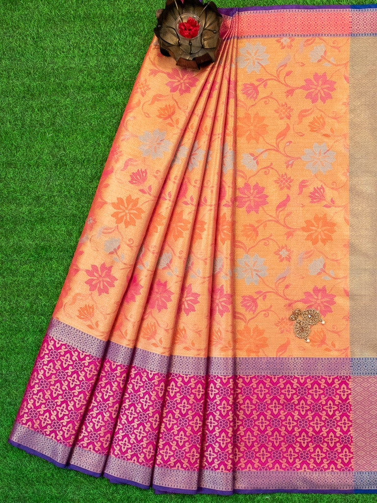 Banarasi Semi Silk Saree With Meena Floral & Zari Jaal Weaving & Skirt Border-Orange