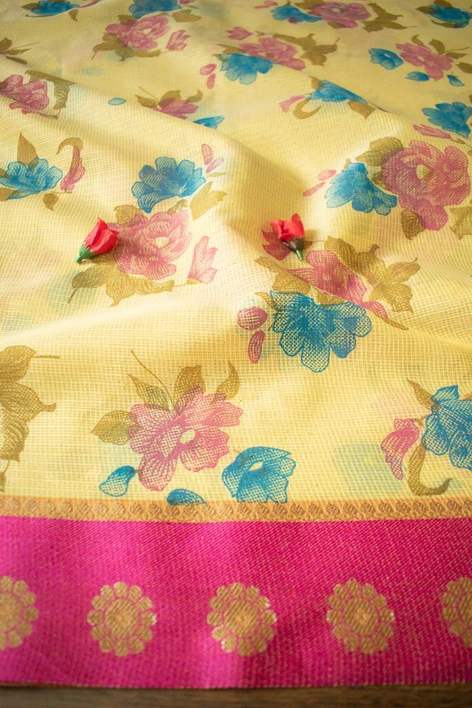 Banarasi Kota Check Floral Printed Saree With Contrast Border-Yellow