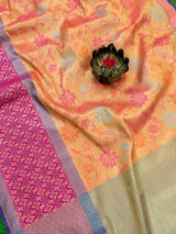 Banarasi Semi Silk Saree With Meena Floral & Zari Jaal Weaving & Skirt Border-Orange