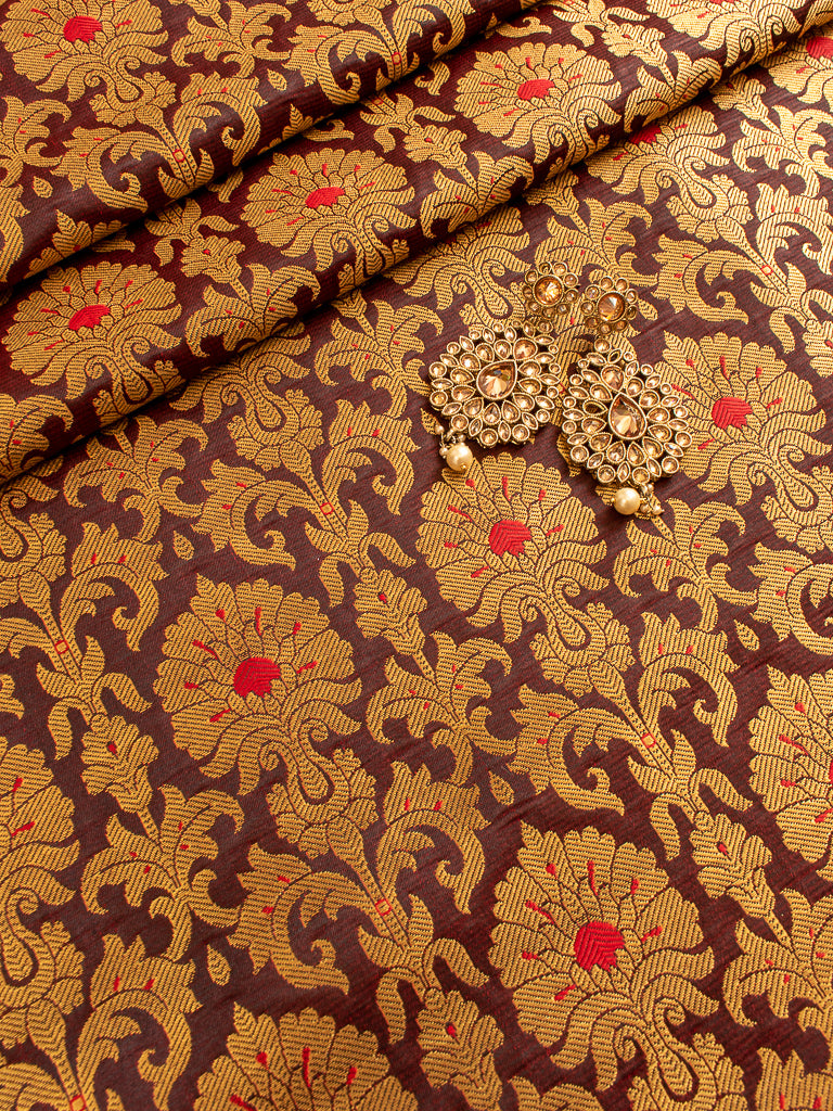 Banarasi Brocade Zari & Meena Buti Weaving Fabric-Brown