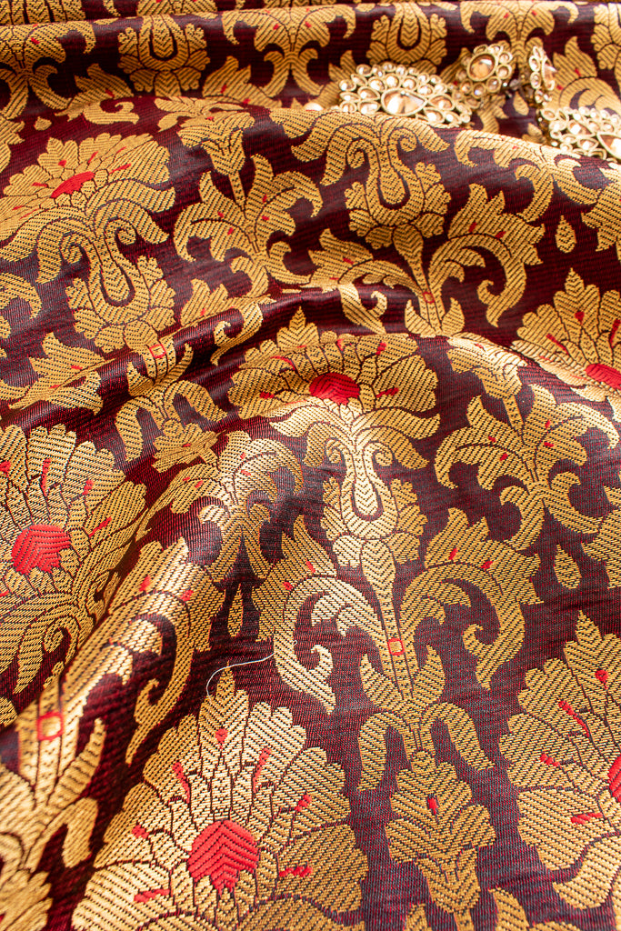 Banarasi Brocade Zari & Meena Buti Weaving Fabric-Brown