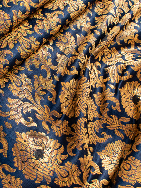 Banarasi Brocade Zari & Meena Buti Weaving Fabric-Blue
