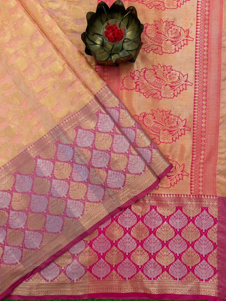 Banarasi Kora Saree With Silver Zari Buti Weaving & Contrast Skirt Border-Peach