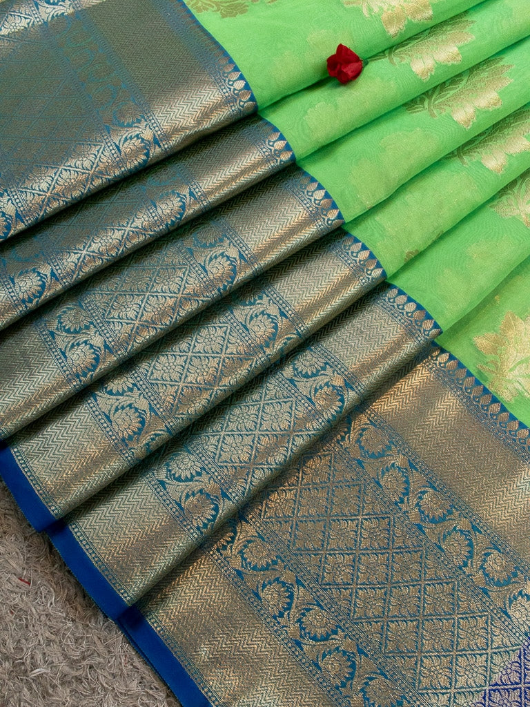 Banarasi Semi Silk Saree With Contrast Floral Buti Weaving Border-Green