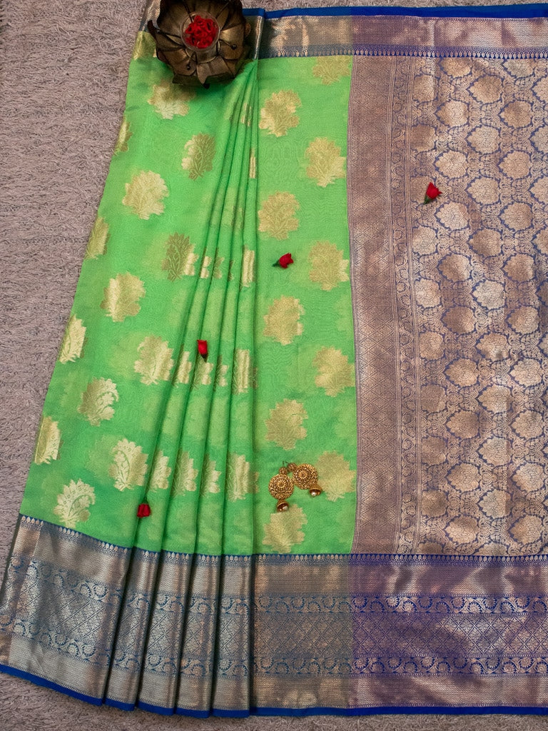 Banarasi Semi Silk Saree With Contrast Floral Buti Weaving Border-Green