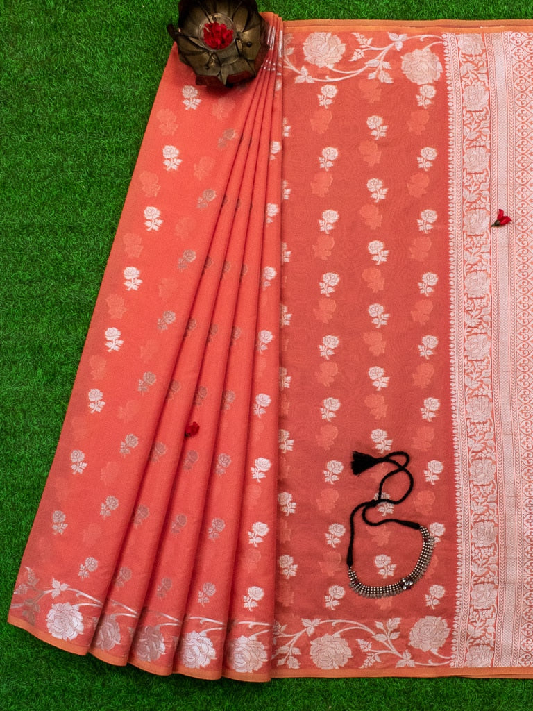Banarasi Kora Saree With Silver Zari Buti Weaving & Floral Border-Peach