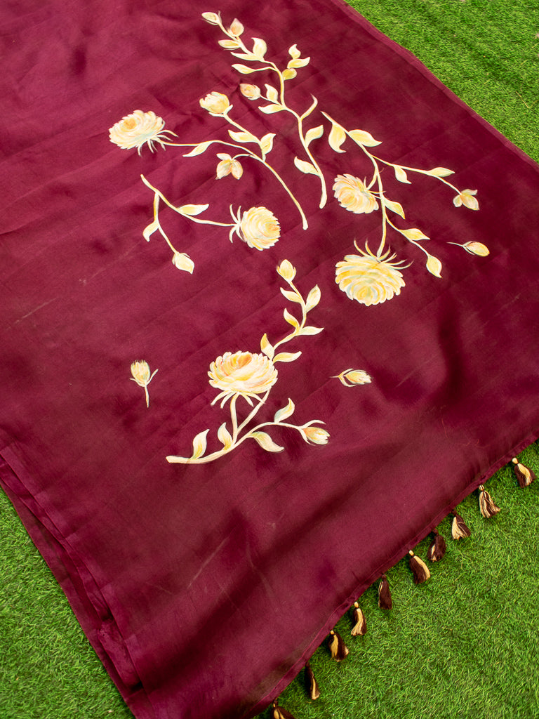 Handpainted Floral Pure Organza Saree-Wine