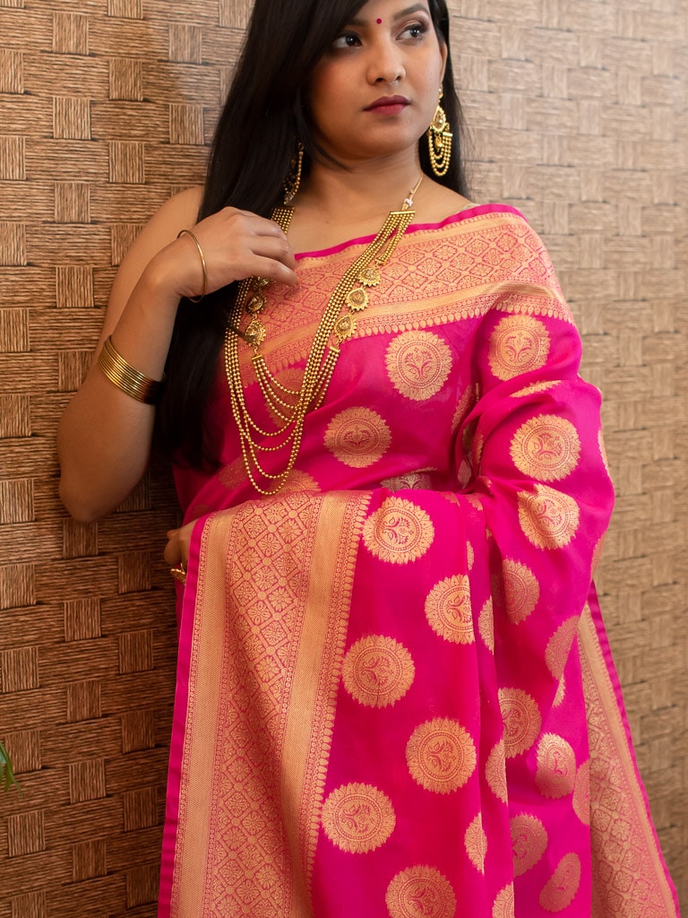 Banarasi Semi Silk Saree With Antique Zari Buta Weaving-Pink