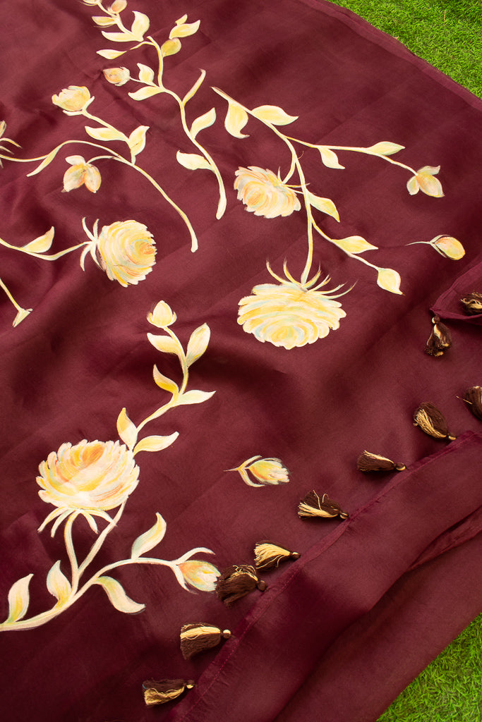 Handpainted Floral Pure Organza Saree-Wine