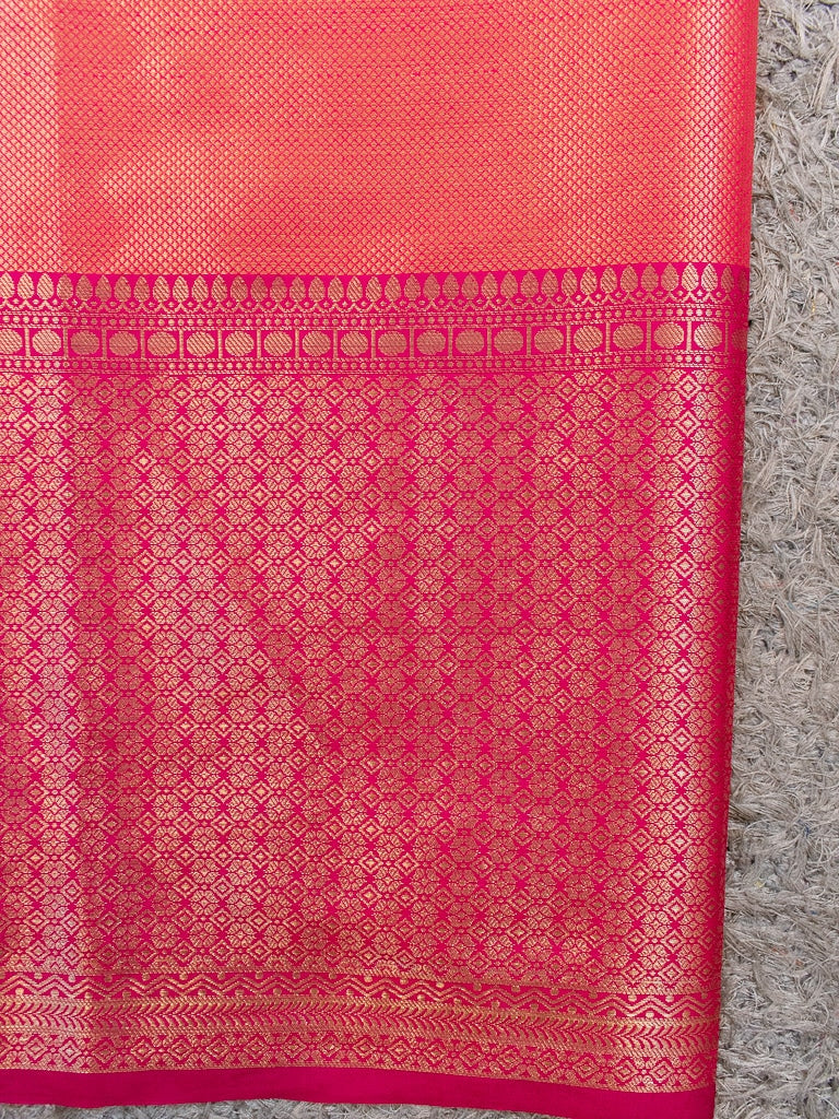 Banarasi Kora Saree With Silver Zari Buti Weaving & Contrast Skirt Border-Peach