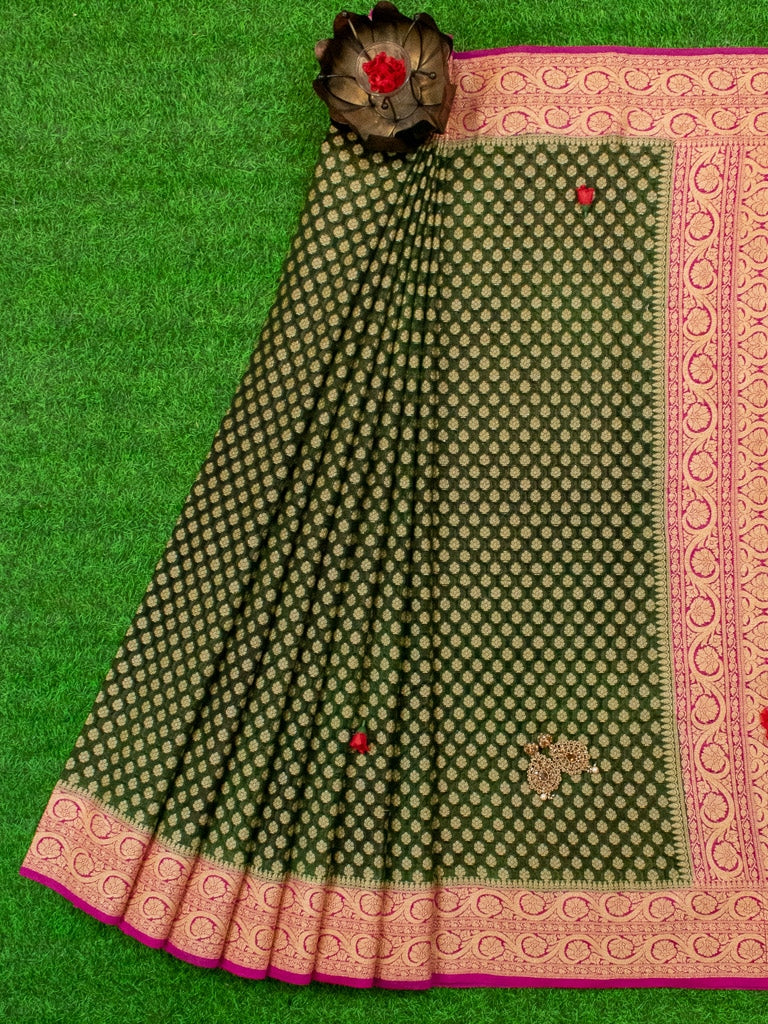 Banarasi Semi Georgette Saree With Zari Buti Weaving & Contrast Border-Green