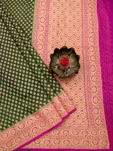 Banarasi Semi Georgette Saree With Zari Buti Weaving & Contrast Border-Green