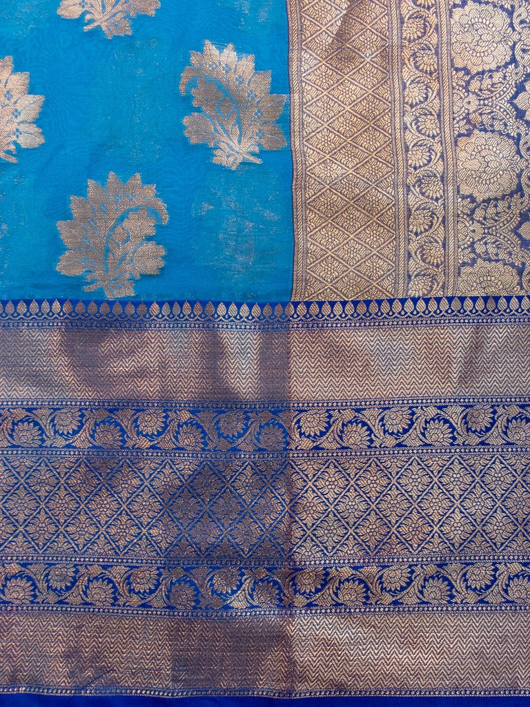 Banarasi Semi Silk Saree With Contrast Floral Buti Weaving Border-Blue